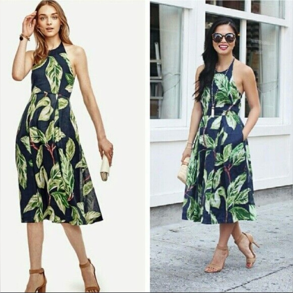 Ann Taylor Tropical Palm Leaf Halter Style Fit & Flare Dress Casual Beach Size 2